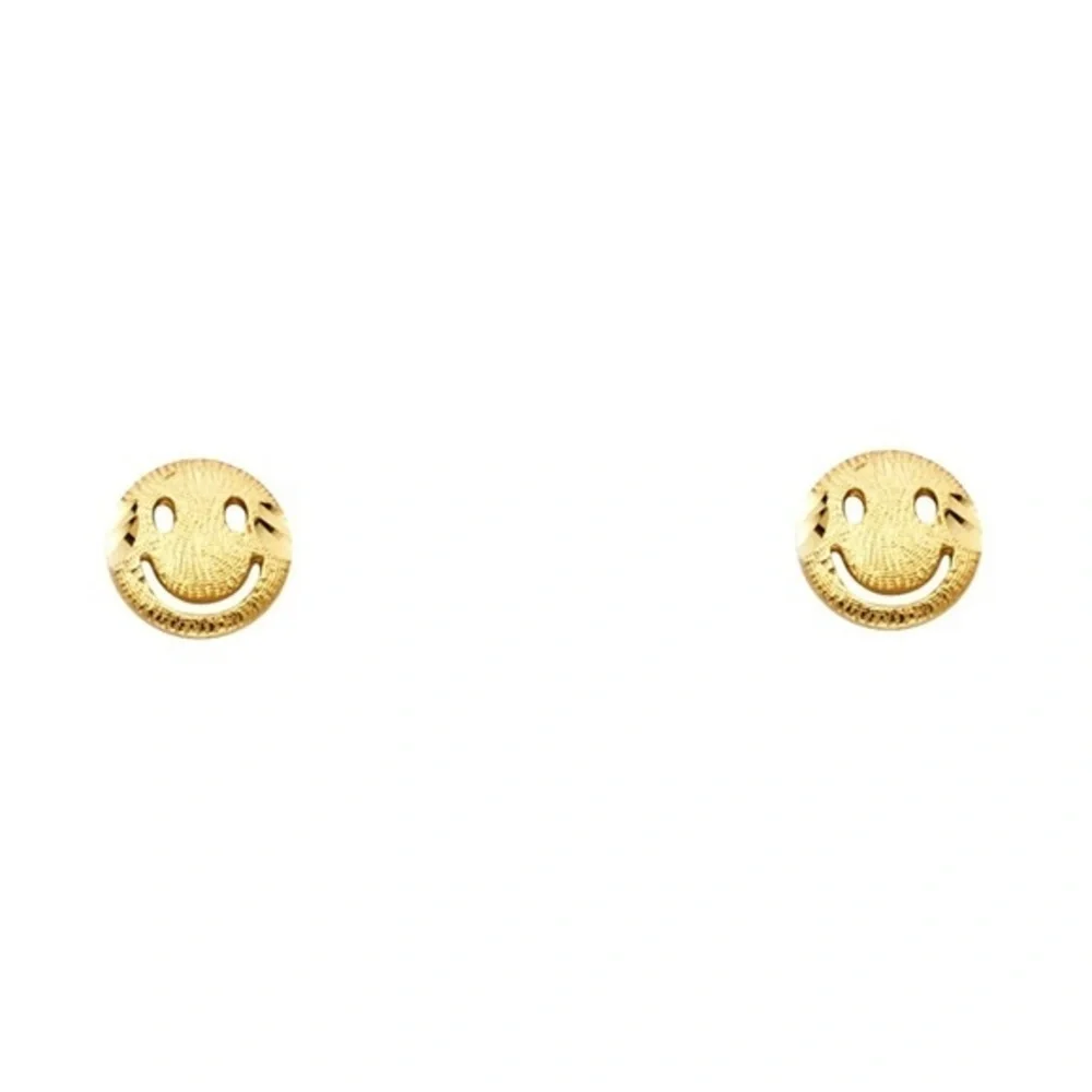 14k Gold Happy Face Emoji Round Stud Earrings